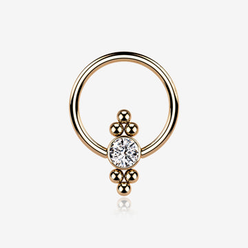 Rose Gold Royal Bali Essence Beaded Steel Captive Bead Ring-Clear Gem